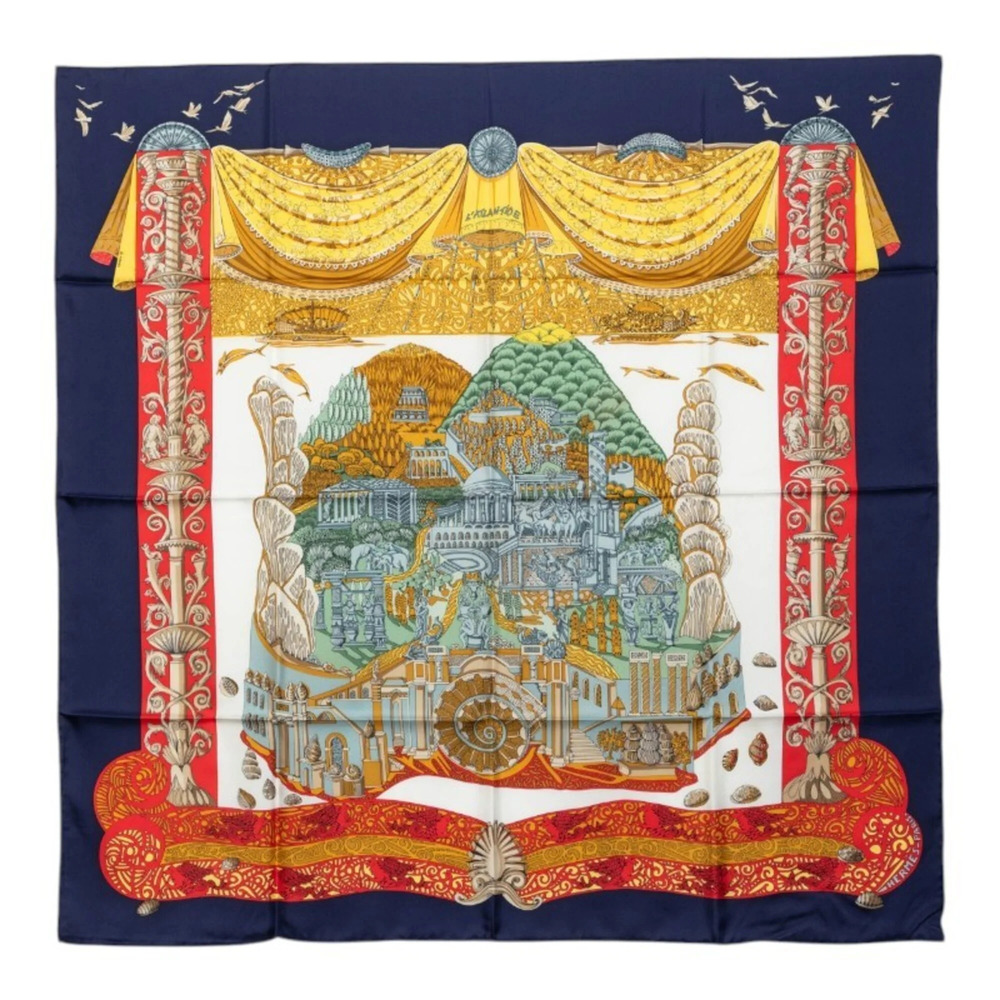Hermes Carre 90 L'ATLANTIDE Scarf/Muffler, Navy Multicolor Silk, Women's